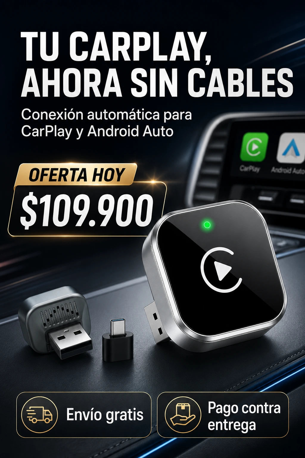WaveGo® Adaptador Inalámbrico CarPlay y Android Auto